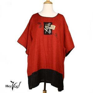 Onque Woman Tunic Top Red & Black Linen Abstract Applique Plus Size 1X - Hey Viv